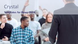  Presentation with speaker - PPT theme with speaker-and-a-group background and a sky blue colored foreground