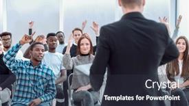  Presentation with speaker - Slide set consisting of speaker-and-a-group background and a  colored foreground