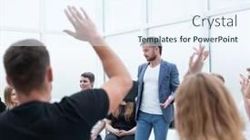  Presentation with audience - Slides with speaker-asking-questions background and a sky blue colored foreground