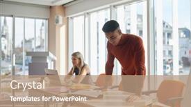  Presentation with speaker - PPT layouts having speaker-at-a-company-briefing background and a coral colored foreground