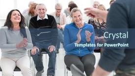  Presentation with audience - PPT layouts featuring speaker-at-business-conference background and a ocean colored foreground