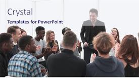  Presentation with speaker - Cool new slide set with speaker-by-asking-questions-during backdrop and a sky blue colored foreground