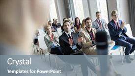  Presentation with public - Audience pleasing slide set consisting of speaker during seminar at convention backdrop and a gray colored foreground