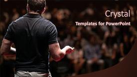  Presentation with talk - Presentation design with speaker-giving-a-talk background and a wine colored foreground