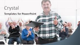  Presentation with audience - Cool new PPT theme with speaker-giving-a-talk backdrop and a white colored foreground