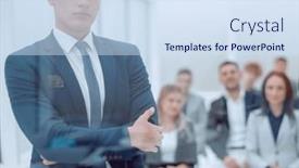  Presentation with speaker - PPT layouts with speaker-is-asking-a-question background and a sky blue colored foreground