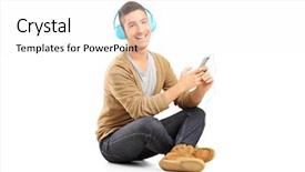  Presentation with person listening - Slide set featuring speaker person - guy sitting on a floor background and a  colored foreground