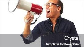  Presentation with creation of man - PPT theme with speaker person - mature man shouting in megaphone background and a  colored foreground