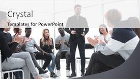 Presentation with business training - Presentation featuring speaker-standing-in-a-circle background and a white colored foreground