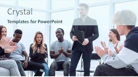  Presentation with business training - Amazing presentation theme having speaker-standing-in-a-circle backdrop and a sky blue colored foreground