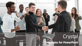  Presentation with participant - Theme featuring speaker-welcoming-a-new-participant background and a dark gray colored foreground