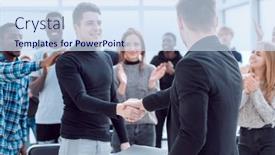  Presentation with participant - PPT theme featuring speaker-welcoming-a-new-participant background and a sky blue colored foreground