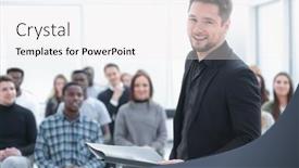  Presentation with speaker - Cool new slide set with speaker-with-clipboard-standing backdrop and a white colored foreground