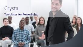  Presentation with speaker - PPT theme having speaker-with-clipboard-standing background and a sky blue colored foreground