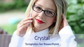  Presentation with phone - Slide deck consisting of speaking engagement - portrait of young woman talking background and a  colored foreground