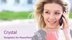  Presentation with phone - Slide set consisting of speaking engagement - portrait of young woman talking background and a  colored foreground