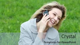  Presentation with phone - Slide deck enhanced with speaking engagement - portrait of young woman talking background and a  colored foreground