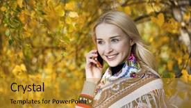  Presentation with autumn - Presentation theme with speaking engagement - portrait of young woman talking background and a gold colored foreground