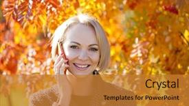  Presentation with autumn - Slide deck enhanced with speaking engagement - portrait of young woman talking background and a  colored foreground