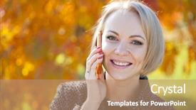  Presentation with autumn - Slide set consisting of speaking engagement - portrait of young woman talking background and a  colored foreground