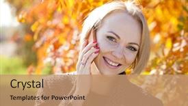  Presentation with autumn - Colorful slide set enhanced with speaking engagement - portrait of young woman talking backdrop and a coral colored foreground