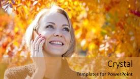  Presentation with mobile phone in woman hand - Slide deck having speaking engagement - portrait of young woman talking background and a gold colored foreground