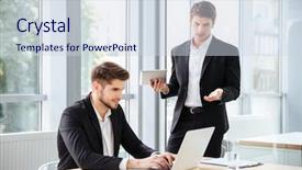  Presentation with working - Beautiful slide deck featuring speaking engagement - two handsome young businessmen working backdrop and a  colored foreground