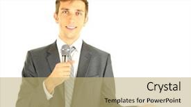  Presentation with microphone - Presentation theme enhanced with speaking engagement - young businessman talking with microphone background and a coral colored foreground