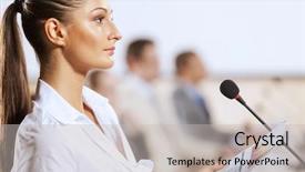  Presentation with kindergarten graduation stage design - Amazing slide set having speaking public - businesswoman standing on stage backdrop and a soft green colored foreground