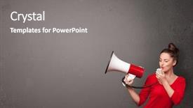  Presentation with pretty girl - Slide set with speaking public - pretty girl shouting into megaphone background and a gray colored foreground