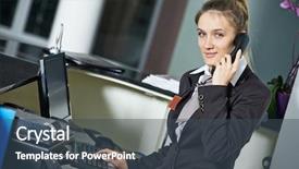  Presentation with worker - PPT theme enhanced with motel - female manager worker assistant speakiong background and a ocean colored foreground