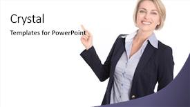  Presentation with finger - Presentation theme featuring special agent - isolated attractive blond woman pointing background and a white colored foreground