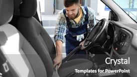  Presentation with vacuum cleaner robot - PPT layouts featuring special agent - male worker using vacuum cleaner background and a dark gray colored foreground