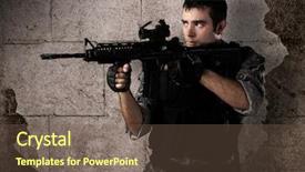  Presentation with target - PPT theme consisting of special agent - young soldier pointing a target background and a tawny brown colored foreground