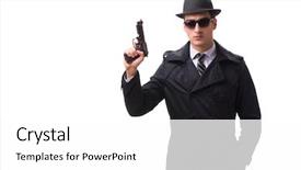  Presentation with spy man - Audience pleasing slide set consisting of special crime - man spy with handgun isolated backdrop and a white colored foreground