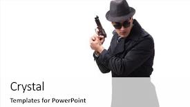 Presentation with spy man - Slides enhanced with special crime - man spy with handgun isolated background and a white colored foreground