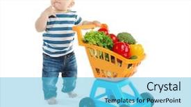  Presentation with cute vegetables - Presentation design consisting of special kids - cute baby with shopping trolley background and a light blue colored foreground