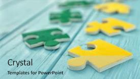  Presentation with special needs children - Slide deck with children special needs - color puzzles on wooden table background and a light blue colored foreground