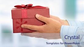  Presentation with gift - Audience pleasing PPT layouts consisting of specialformal - business man offering a gift backdrop and a sky blue colored foreground