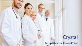  Presentation with medical assistant pediatric field - Beautiful slides featuring staff with group of doctors backdrop and a sky blue colored foreground