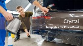  Presentation with film - Amazing PPT theme having specialists-applies-car-protection-film backdrop and a gray colored foreground