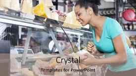  Presentation with product evaluation - PPT theme featuring specialty food - customer choosing product from cabinet background and a coral colored foreground