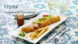  Presentation with cordoba - Theme having specialty food - flamenquin deep fried long pork background and a sky blue colored foreground