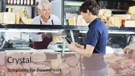  Presentation with using digital tablet - Slide deck consisting of specialty food - man using digital tablet while background and a coral colored foreground