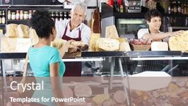  Presentation with salesman - PPT layouts with specialty food - salesman giving cheese to female background and a coral colored foreground