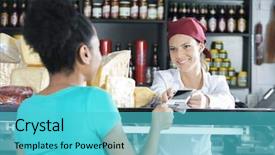  Presentation with payment - PPT layouts enhanced with specialty food - saleswoman accepting payment from customer background and a cyan colored foreground