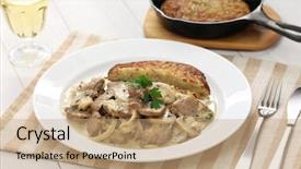  Presentation with veal - Theme consisting of specialty food - zurich style veal stew background and a coral colored foreground