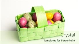  Presentation with easter basket - PPT theme having speckled colourful easter eggs in a green basket on white background background and a soft green colored foreground