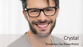  Presentation with young man wearing a hat - PPT theme consisting of specs - closeup of smiling man wearing background and a mint green colored foreground