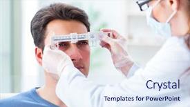  Presentation with eye doctor - Amazing presentation design having specs - ophthalmologist is checking up patient backdrop and a sky blue colored foreground